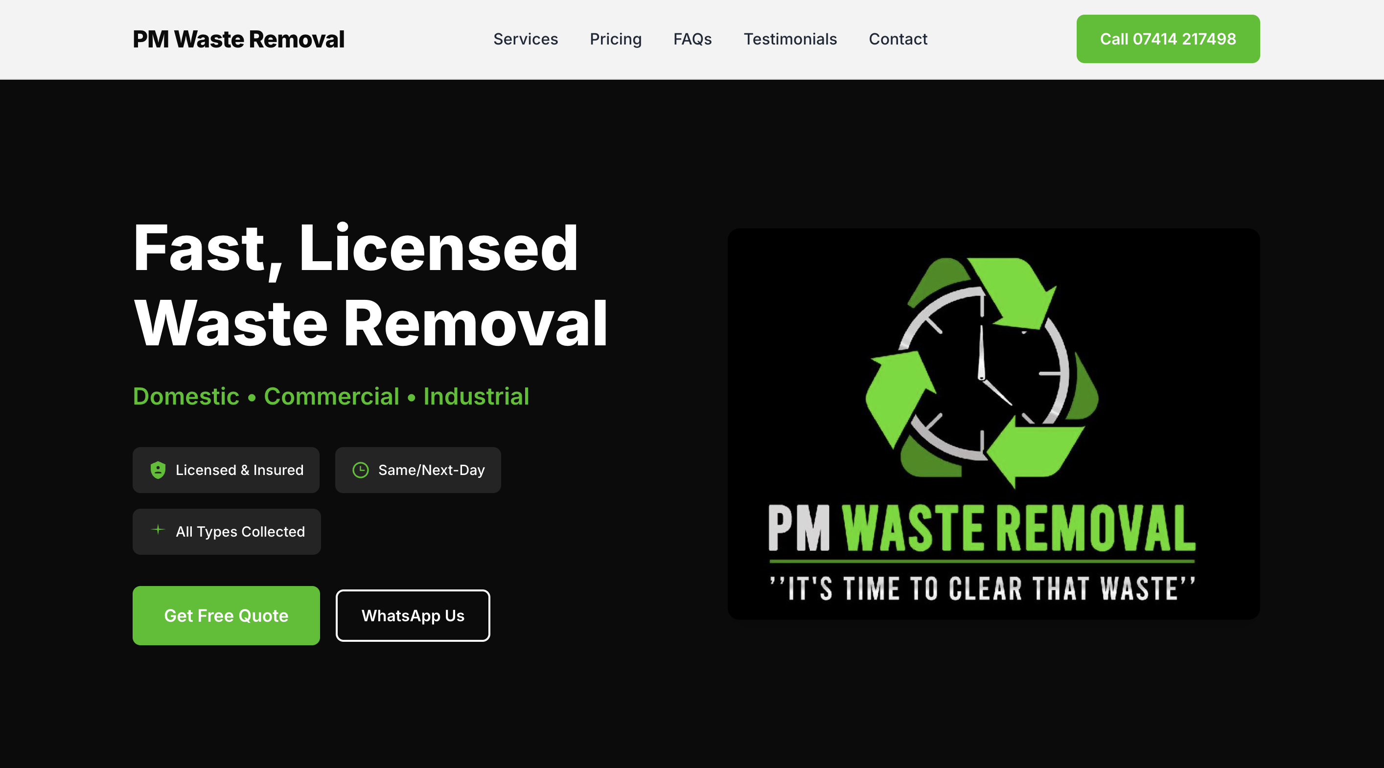 Screenshot of PM Waste Removal website