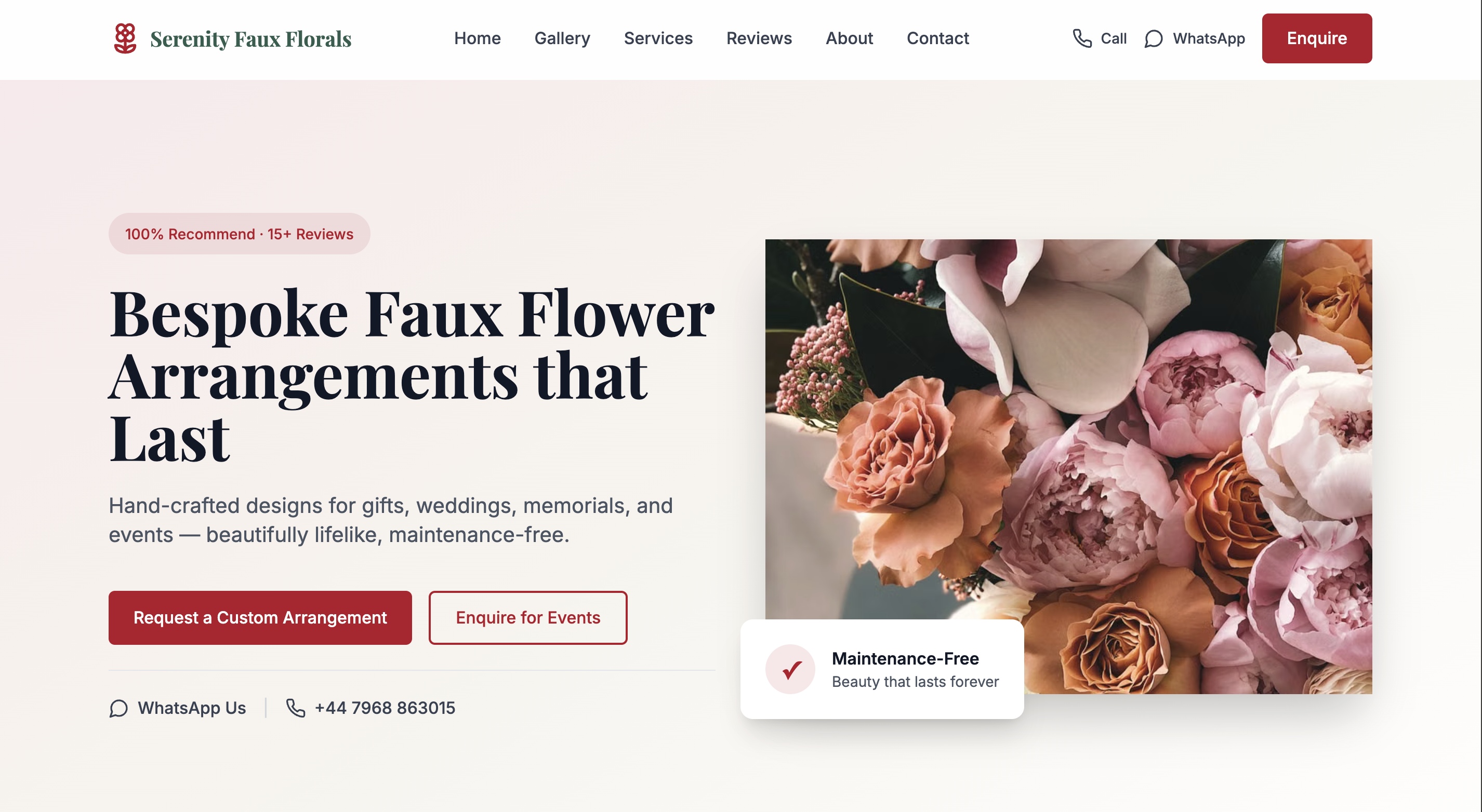 Screenshot of Serenity Faux Florals website